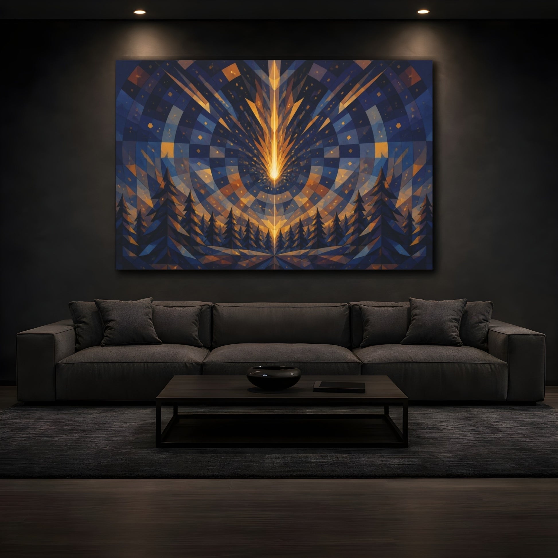 Mockup 3. Golden Meteor Over Pine Forest shown as canvas print