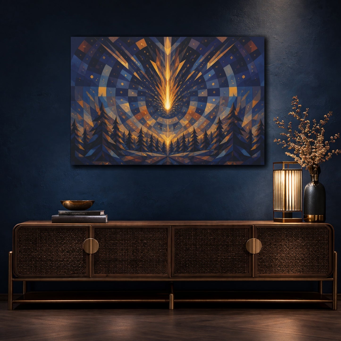 Mockup 4. Golden Meteor Over Pine Forest shown as canvas print