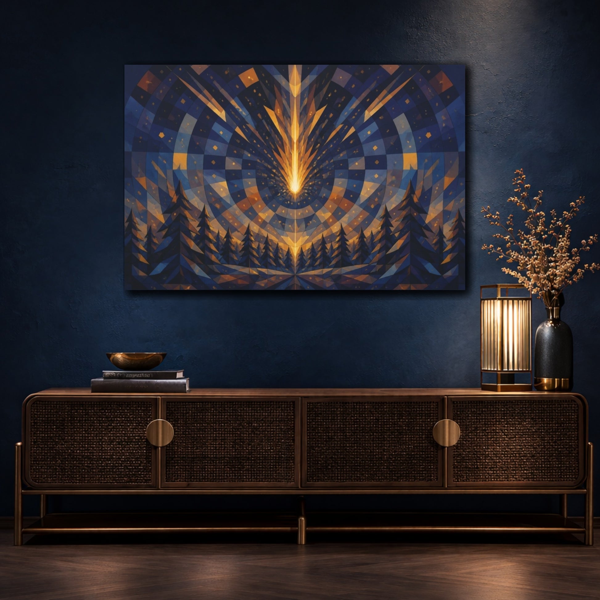 Mockup 4. Golden Meteor Over Pine Forest shown as canvas print