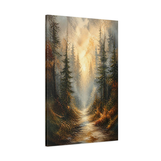Main Mockup. Golden Mist Forest Path shown as canvas print