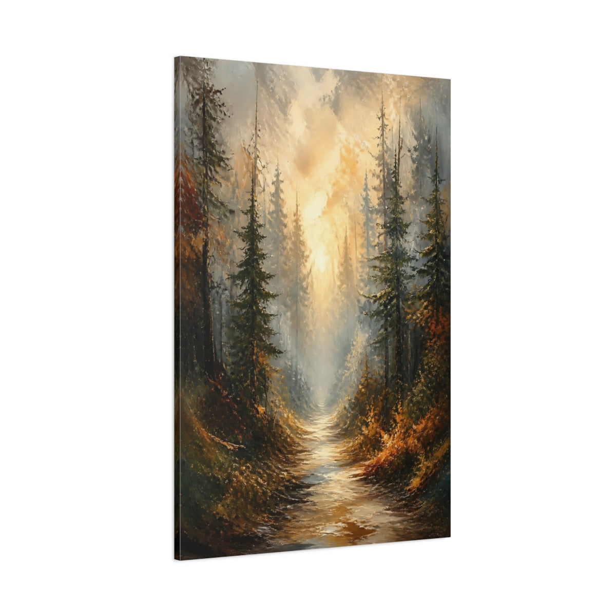 Side Mockup 1. Golden Mist Forest Path shown as canvas print