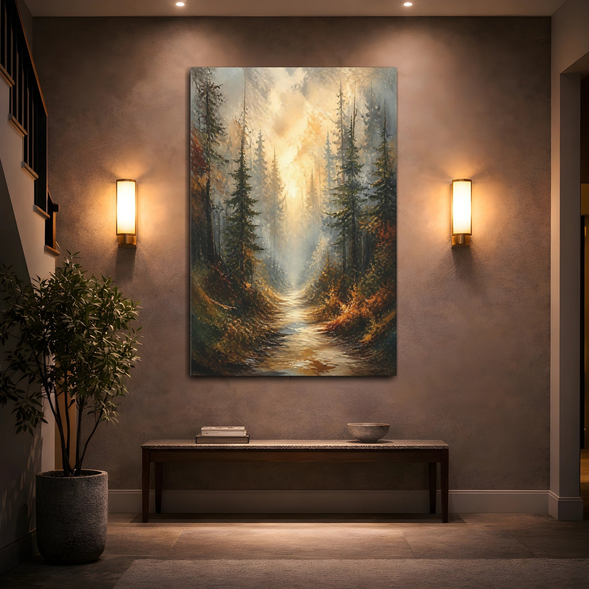 Mockup 2. Golden Mist Forest Path shown as canvas print