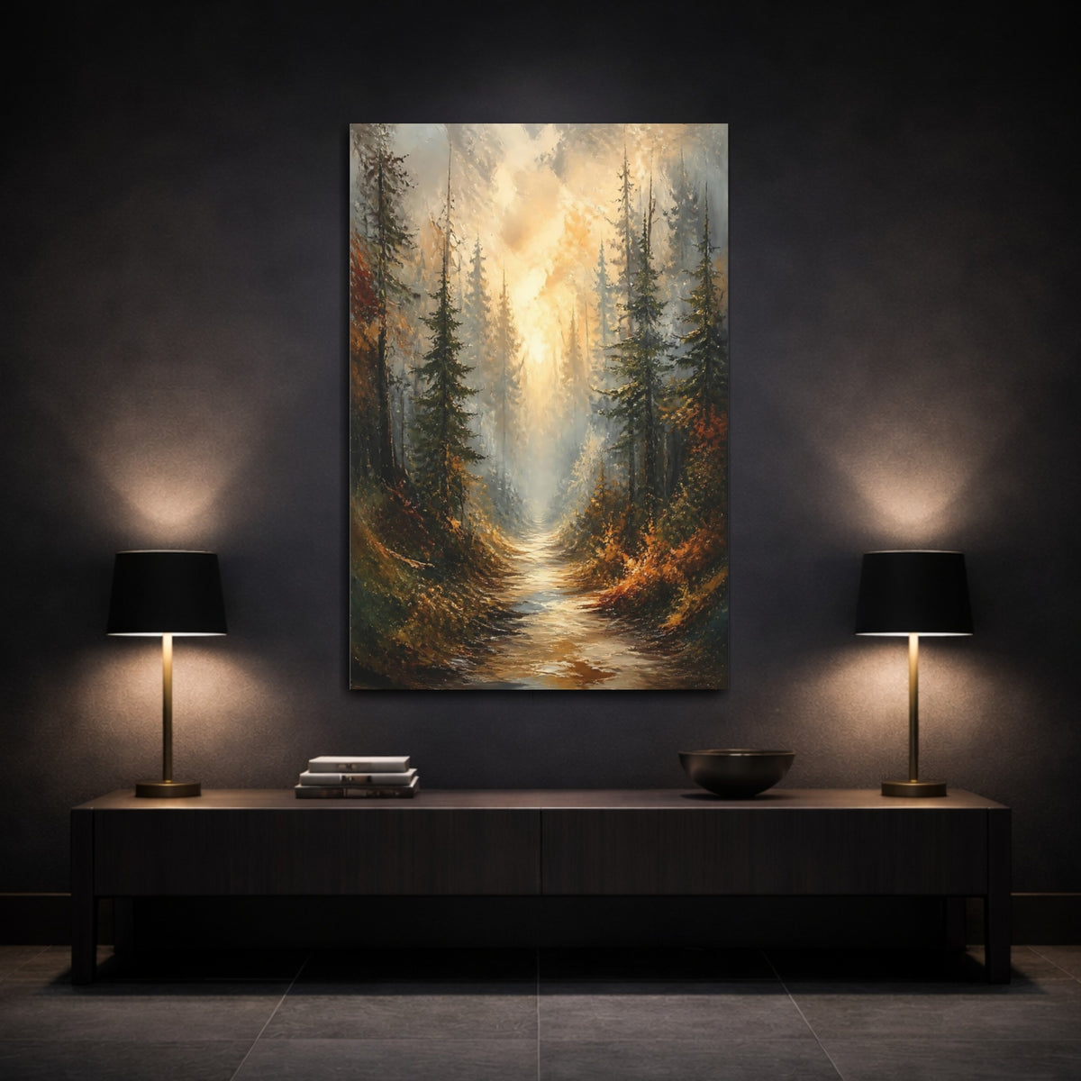 Mockup 3. Golden Mist Forest Path shown as canvas print
