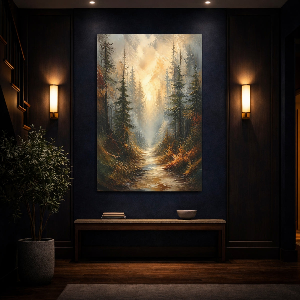 Mockup 4. Golden Mist Forest Path shown as canvas print
