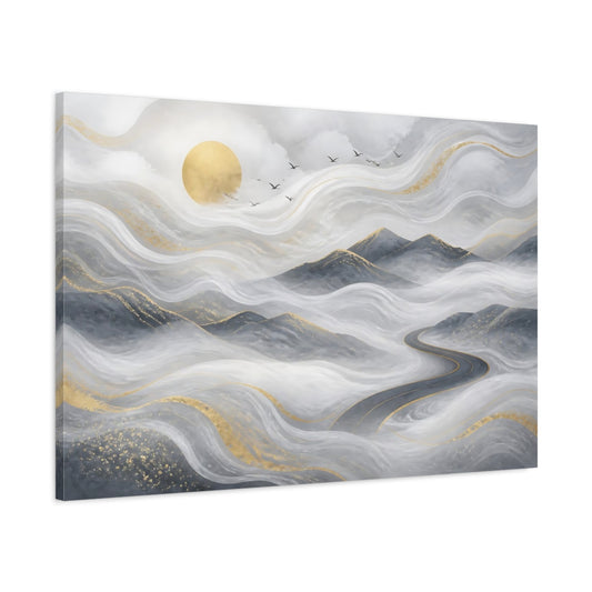 Main Mockup. Golden Misty Road shown as canvas print