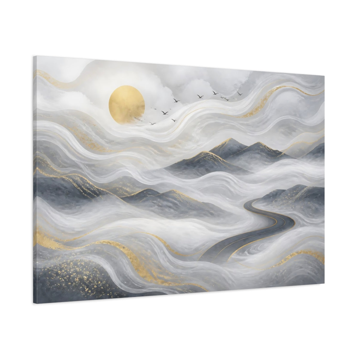 Side Mockup 1. Golden Misty Road shown as canvas print