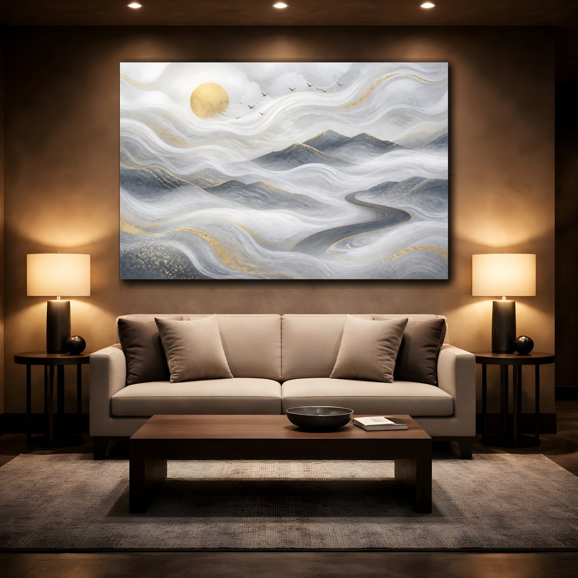 Mockup 2. Golden Misty Road shown as canvas print