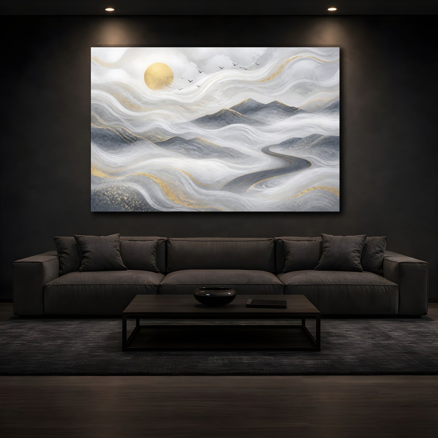 Mockup 3. Golden Misty Road shown as canvas print