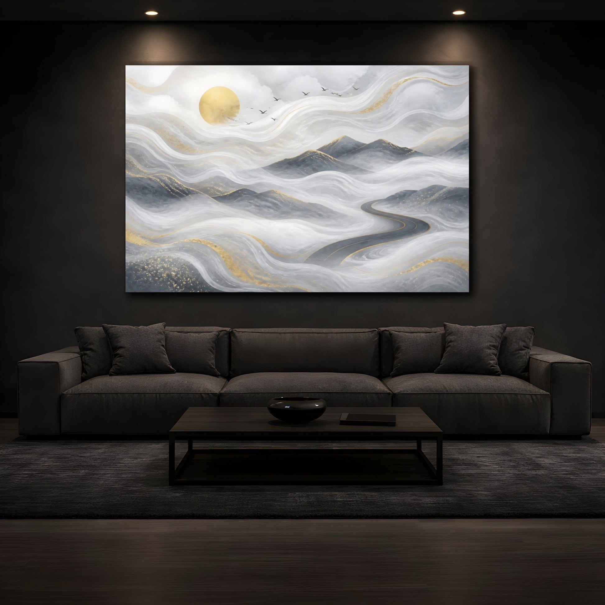 Mockup 3. Golden Misty Road shown as canvas print