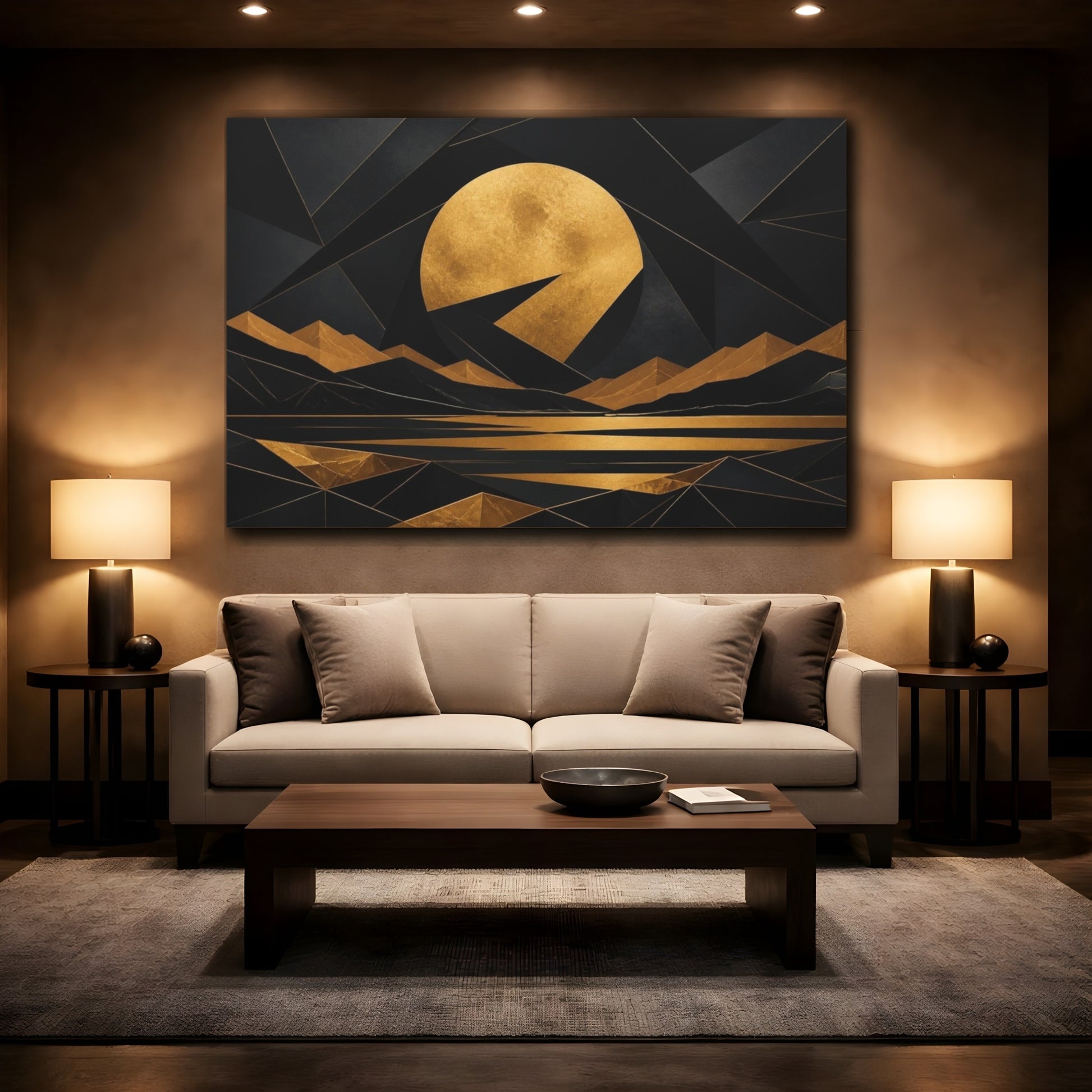 Mockup 2. Golden Moon Geometric Landscape shown as canvas print