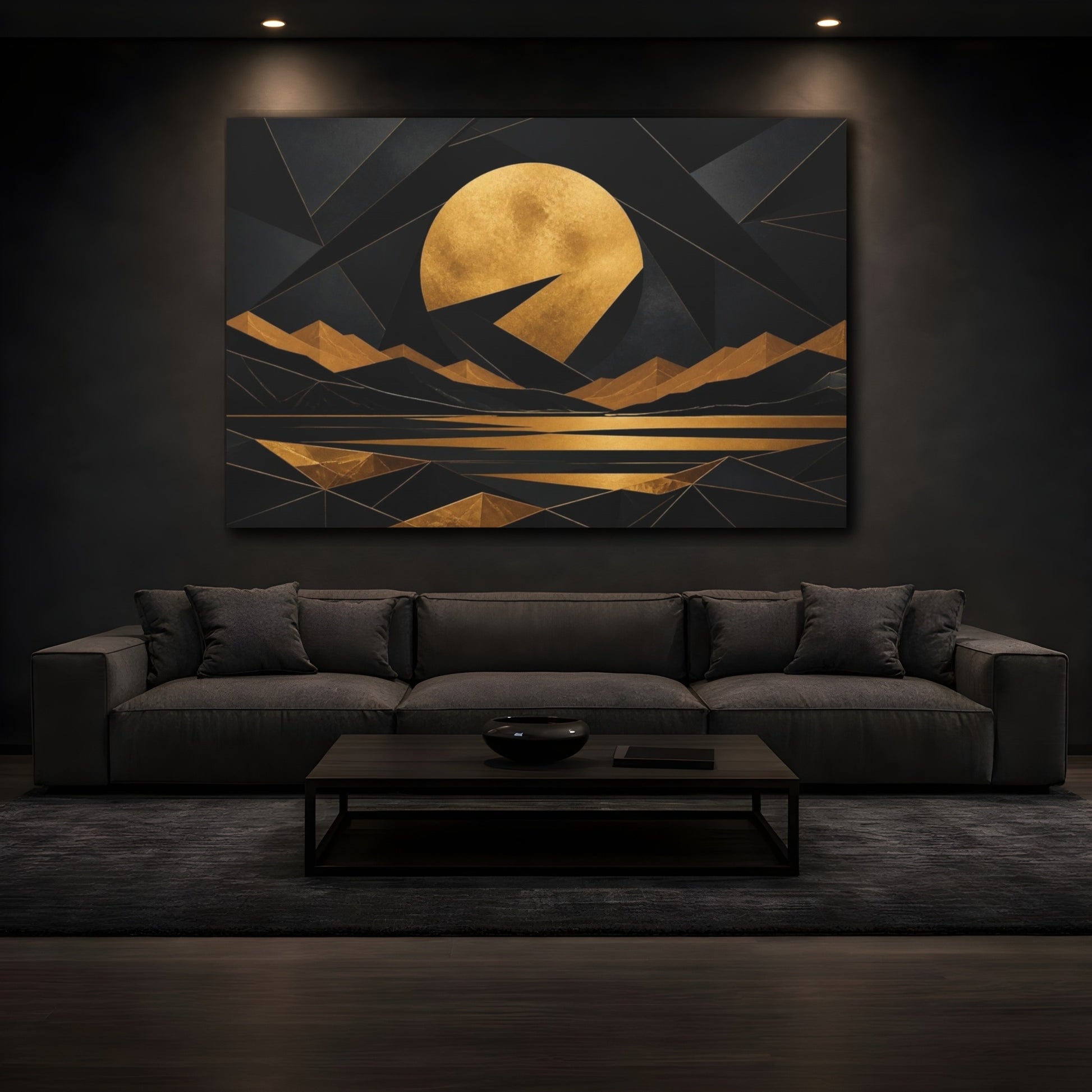 Mockup 3. Golden Moon Geometric Landscape shown as canvas print