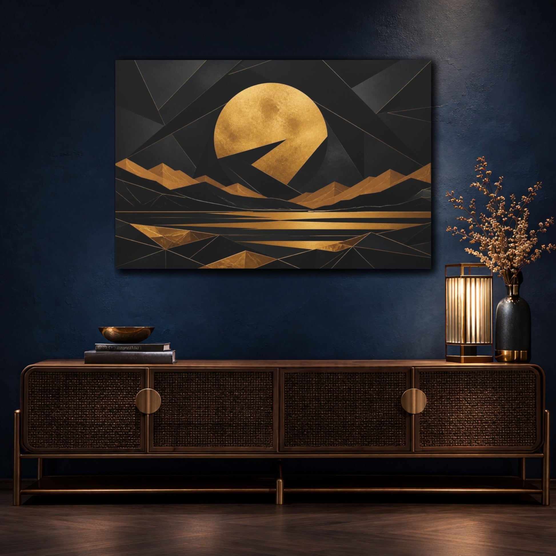 Mockup 4. Golden Moon Geometric Landscape shown as canvas print