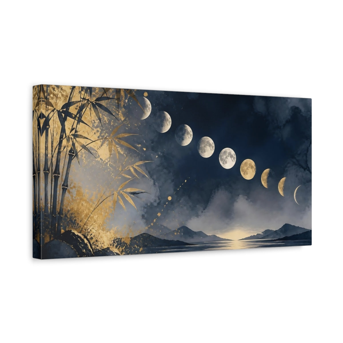 Side Mockup 3. Golden Moon Phases Over Lake shown as canvas print