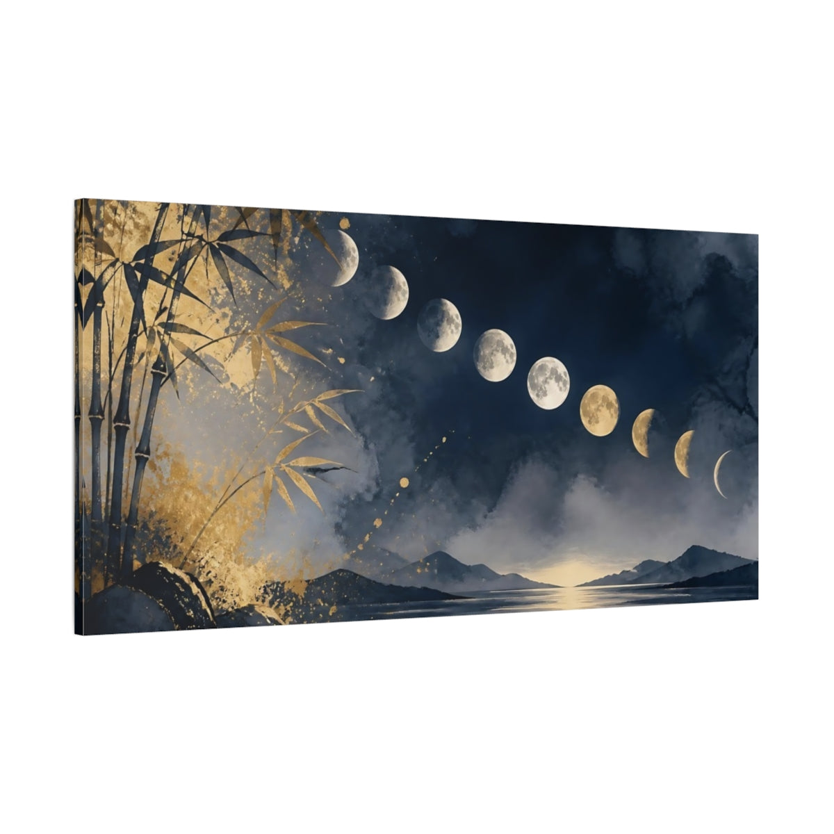Side Mockup 2. Golden Moon Phases Over Lake shown as canvas print