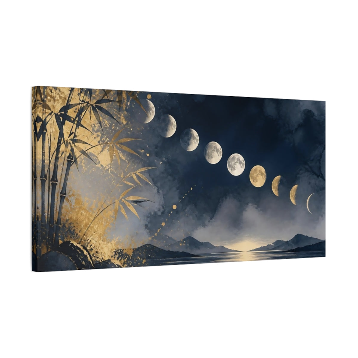 Side Mockup 1. Golden Moon Phases Over Lake shown as canvas print