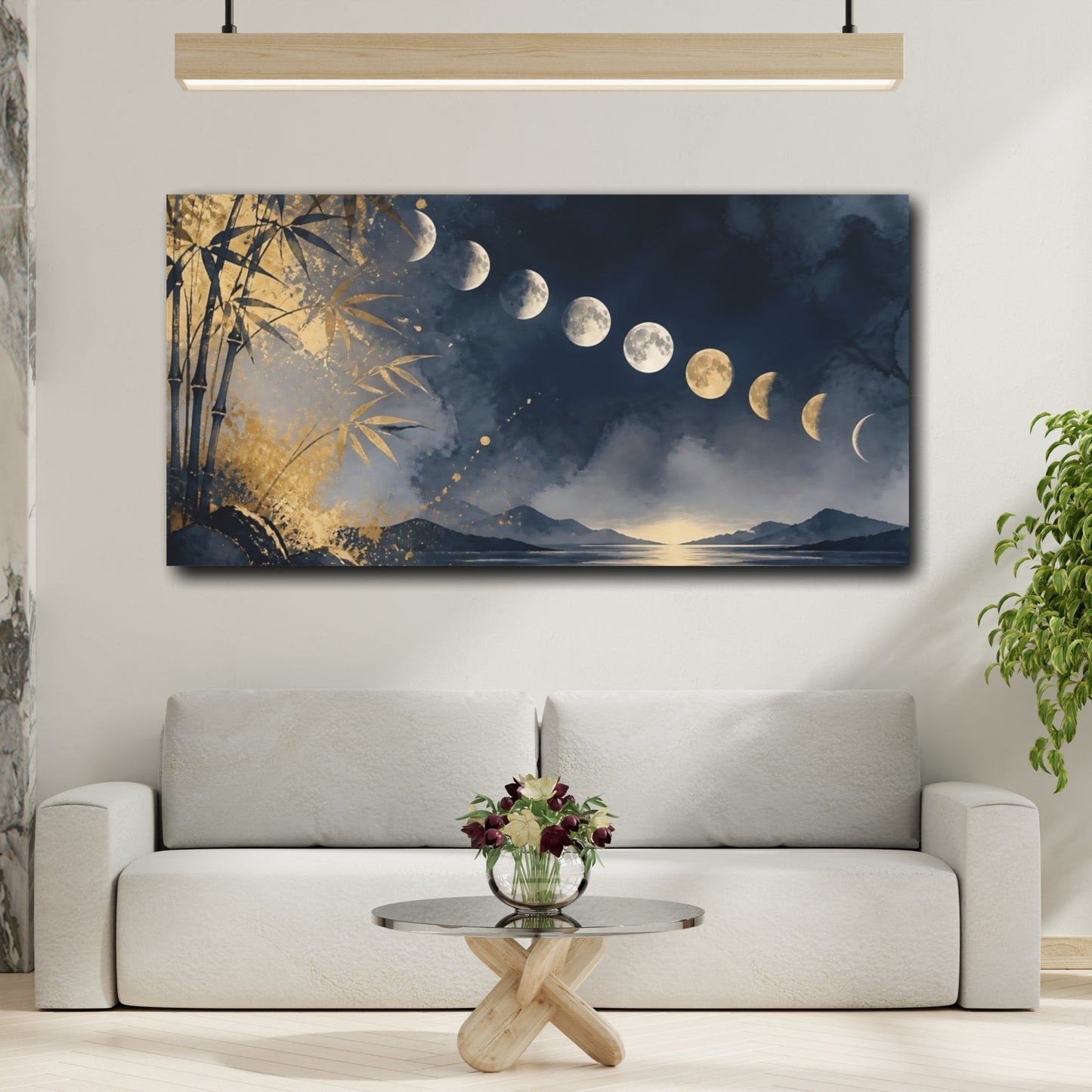 Mockup 2. Golden Moon Phases Over Lake shown as canvas print
