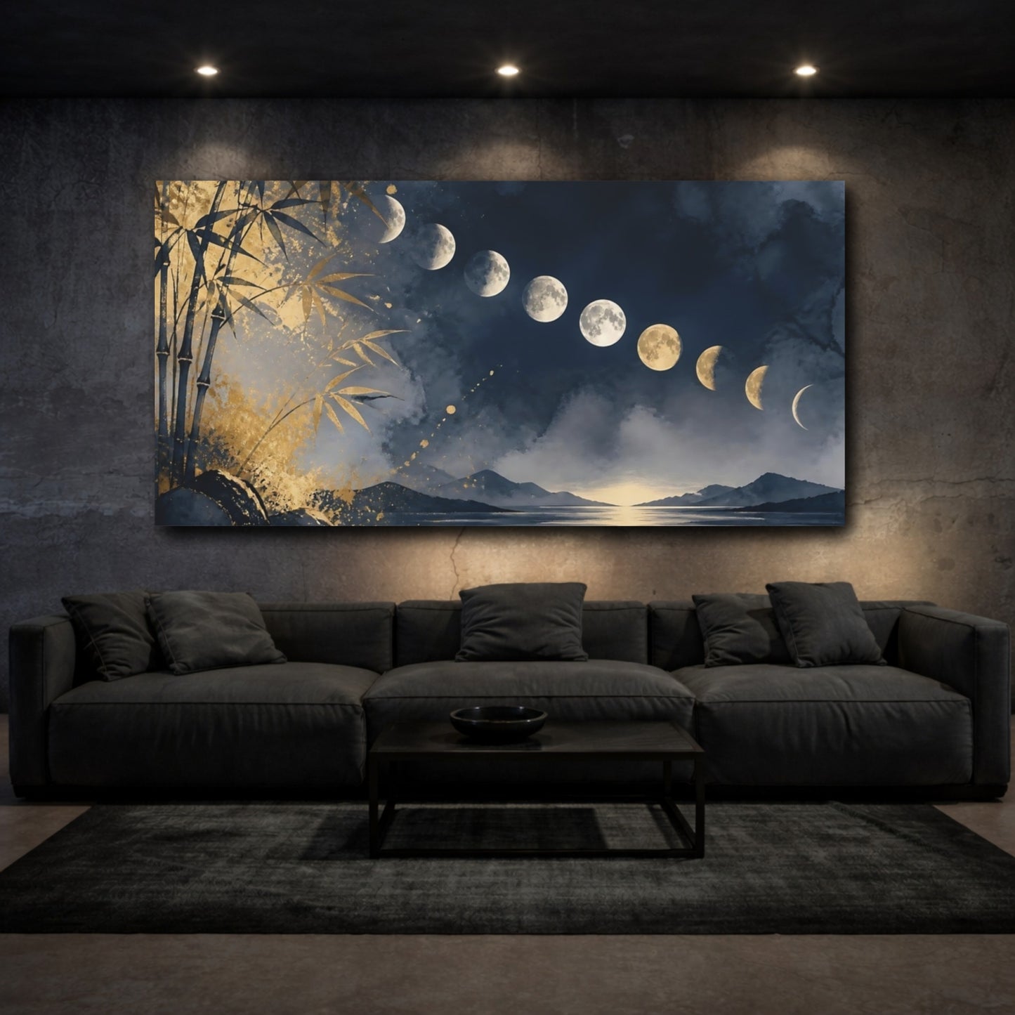 Mockup 3. Golden Moon Phases Over Lake shown as canvas print