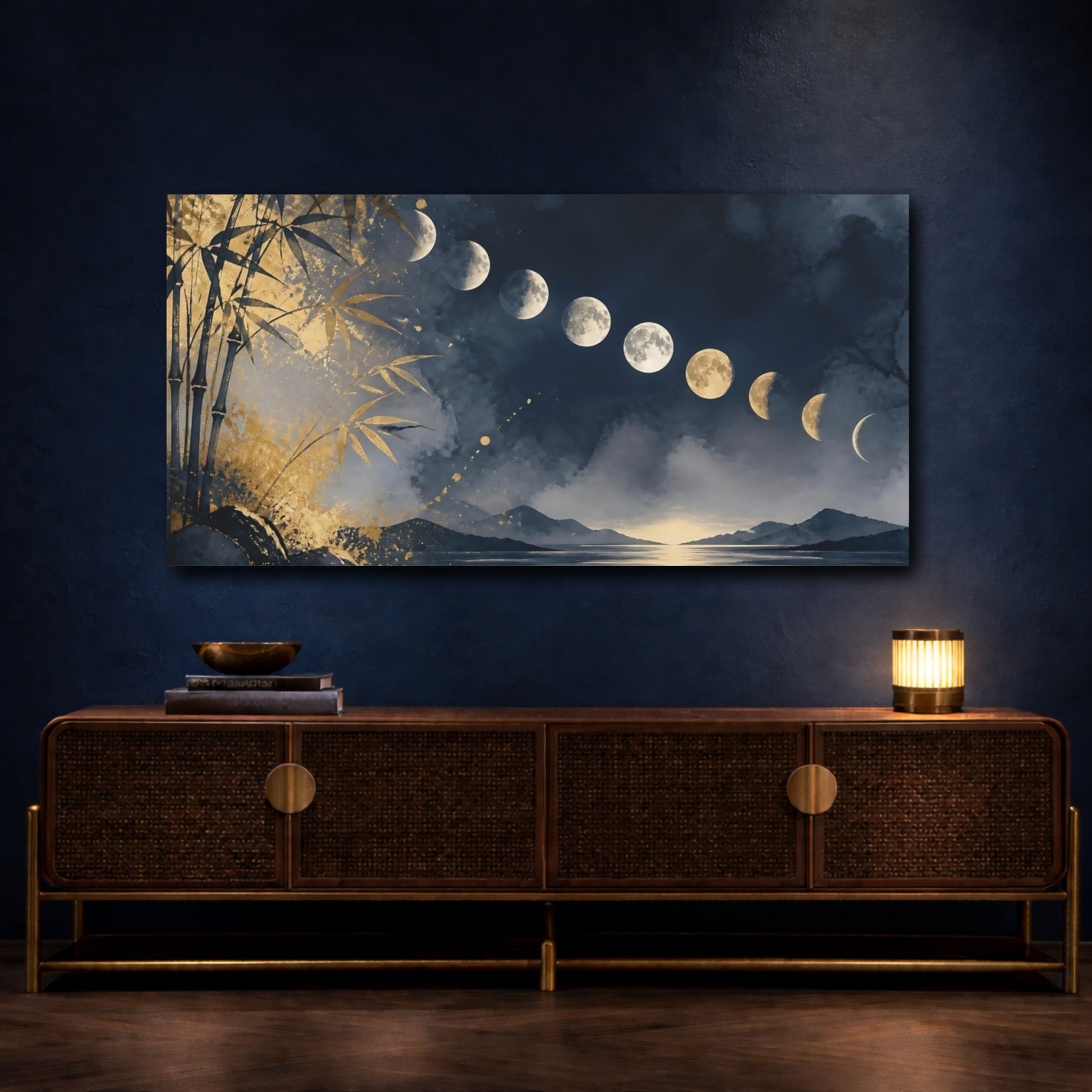 Mockup 4. Golden Moon Phases Over Lake shown as canvas print
