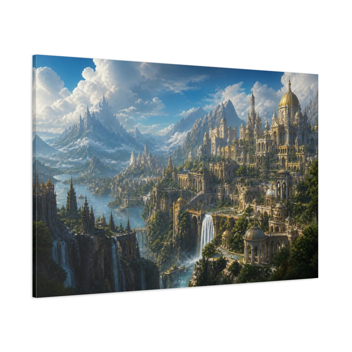Side Mockup 1. Golden Mountain City shown as canvas print