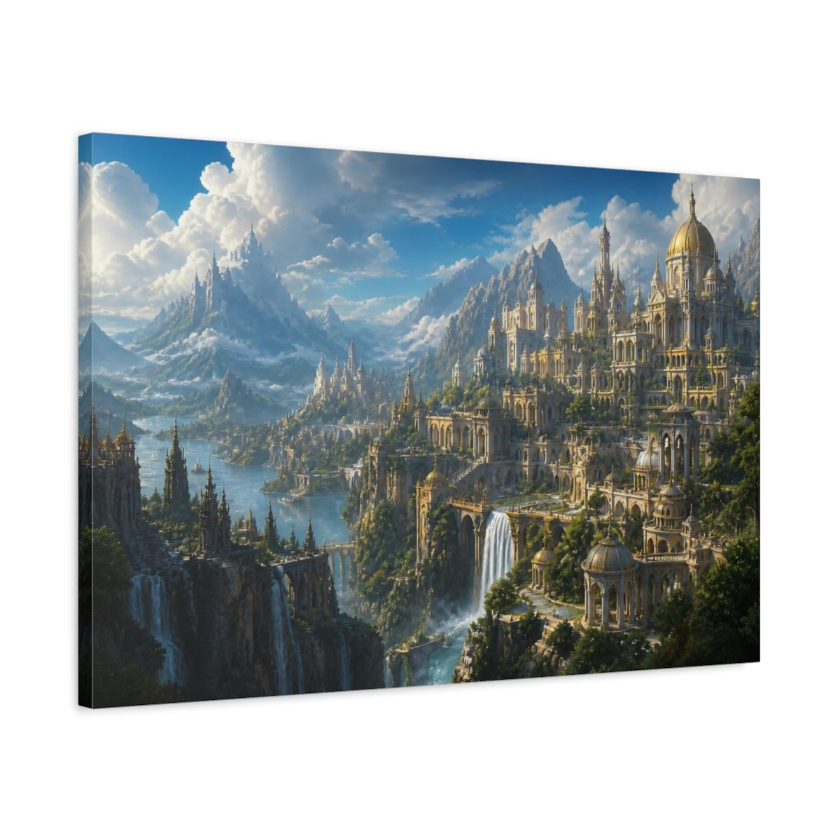 Side Mockup 2. Golden Mountain City shown as canvas print