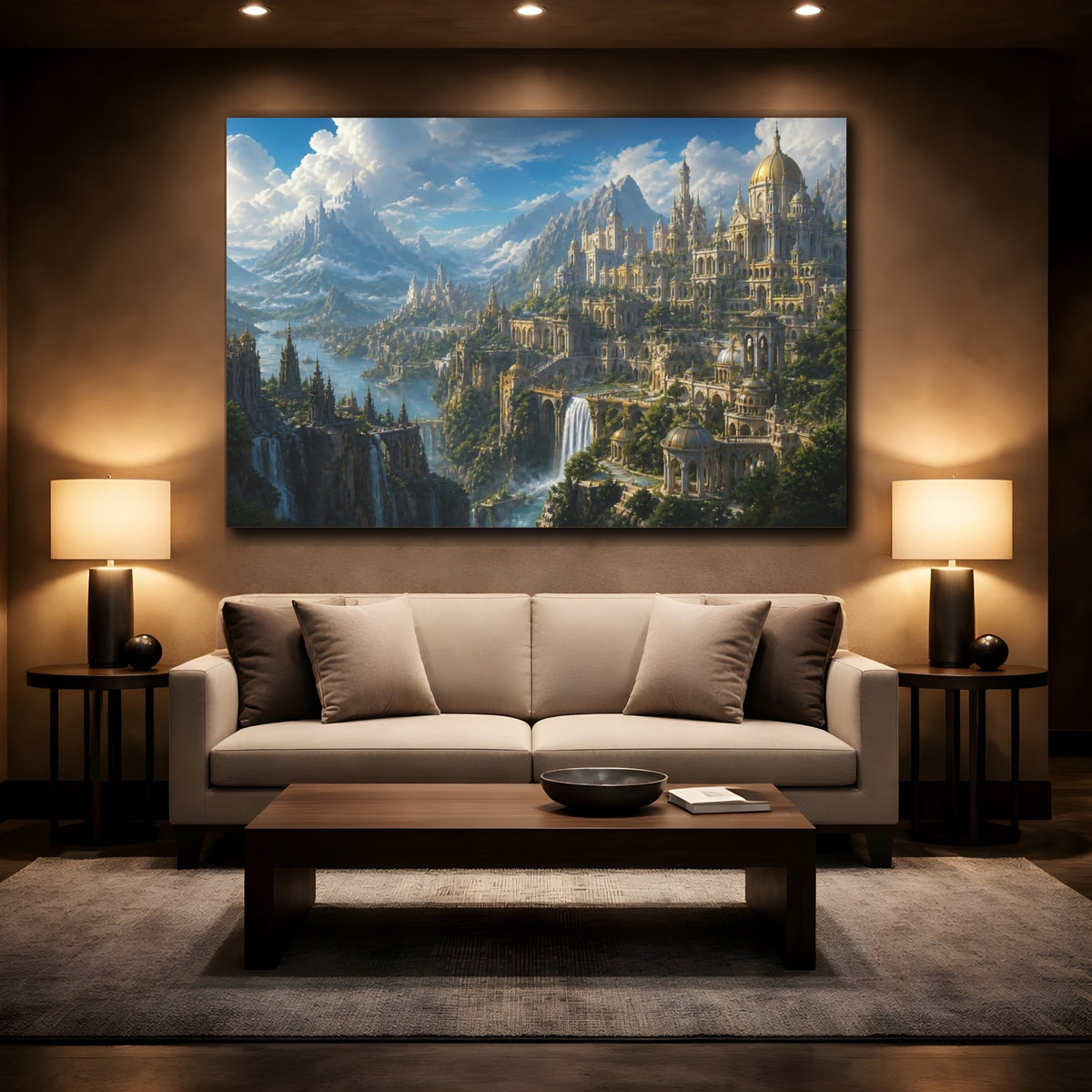 Mockup 2. Golden Mountain City shown as canvas print