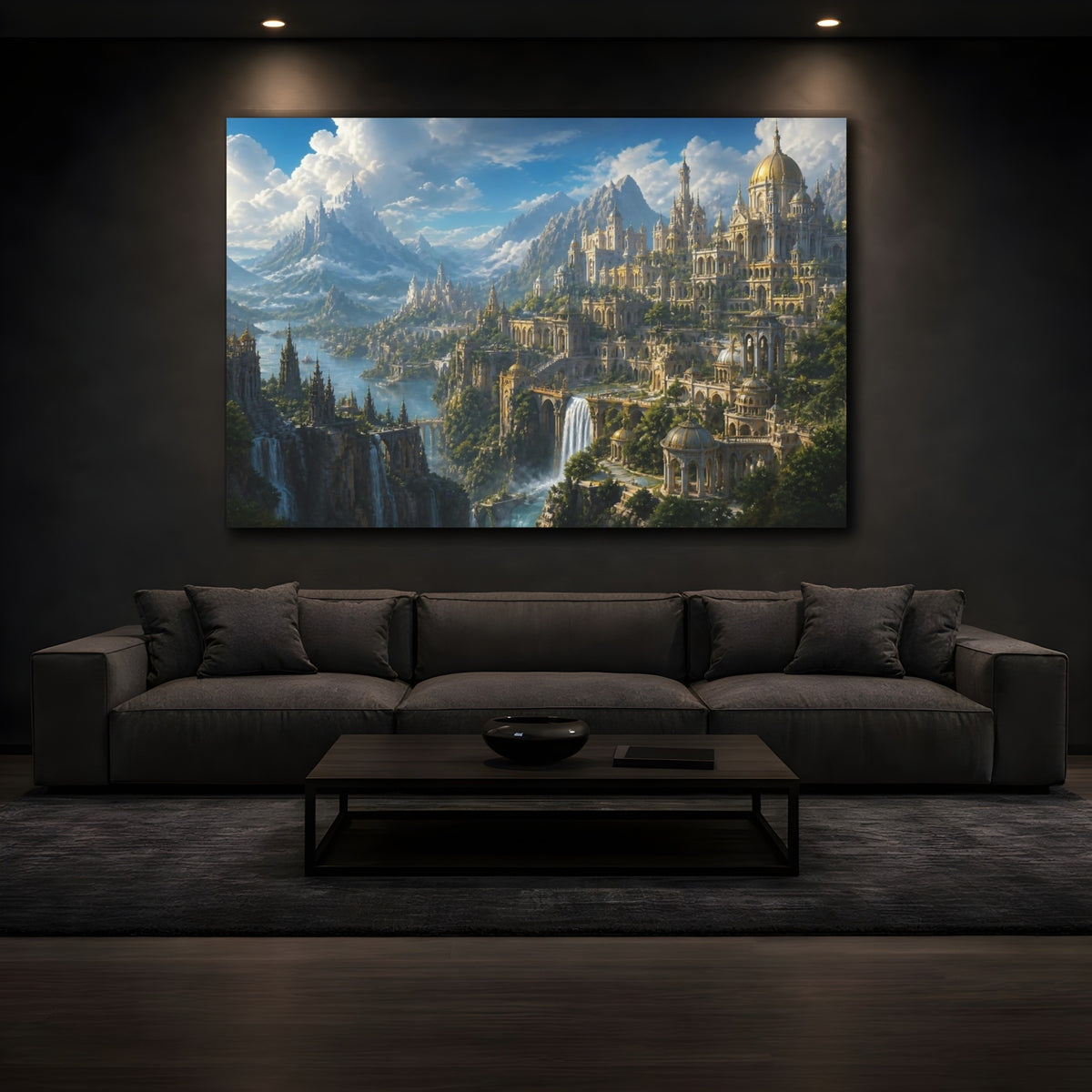 Mockup 3. Golden Mountain City shown as canvas print