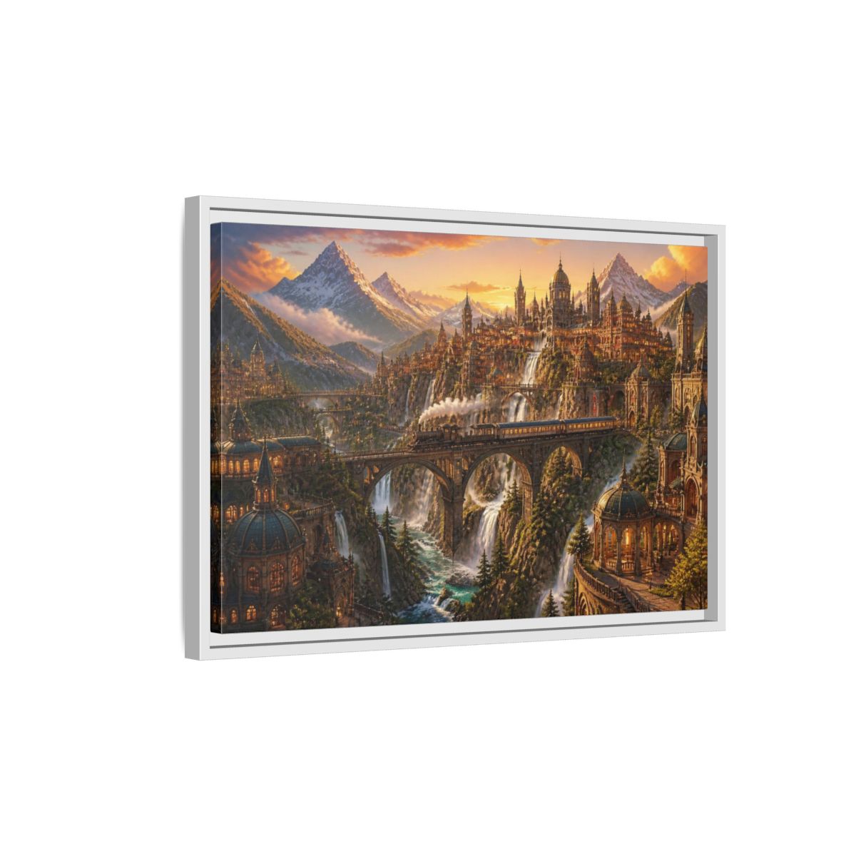 Side Mockup 1. Golden Mountain Landscape shown as framed canvas print