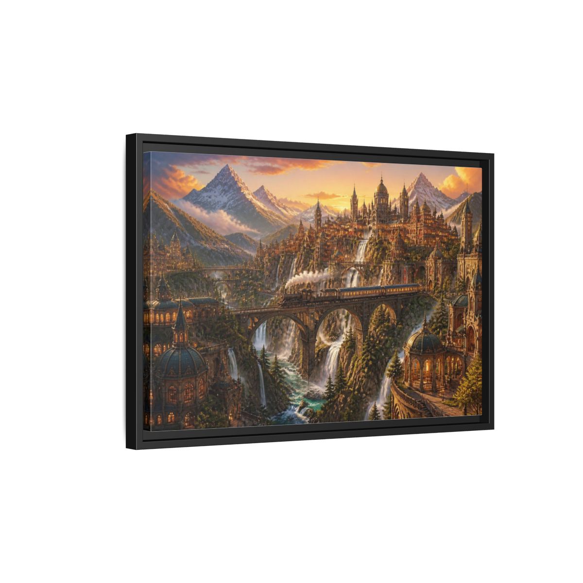 Side Mockup 3. Golden Mountain Landscape shown as framed canvas print