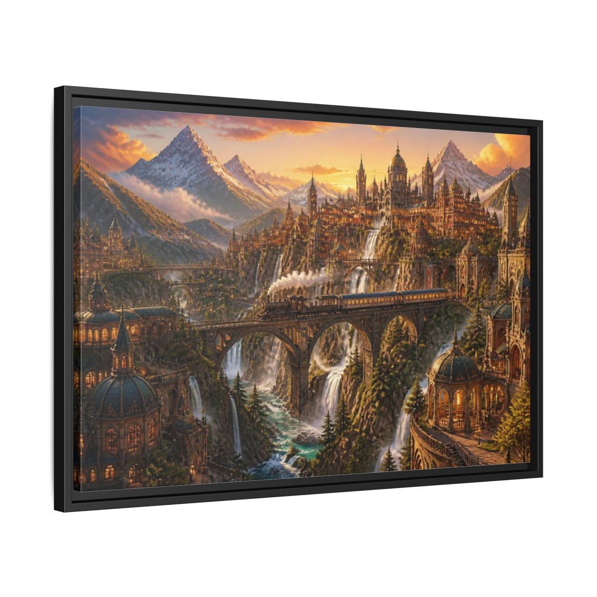 Side Mockup 14. Golden Mountain Landscape shown as framed canvas print
