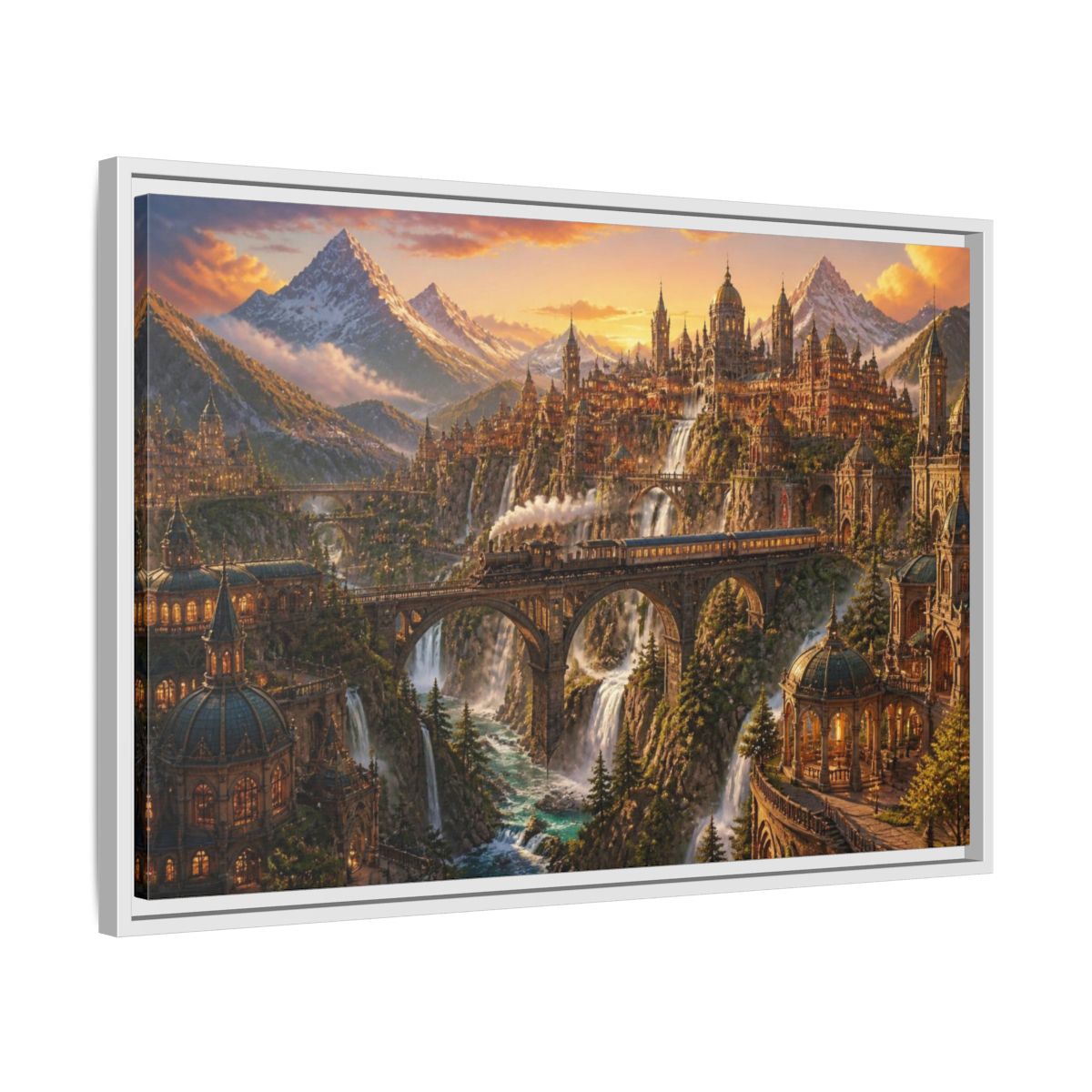Side Mockup 10. Golden Mountain Landscape shown as framed canvas print