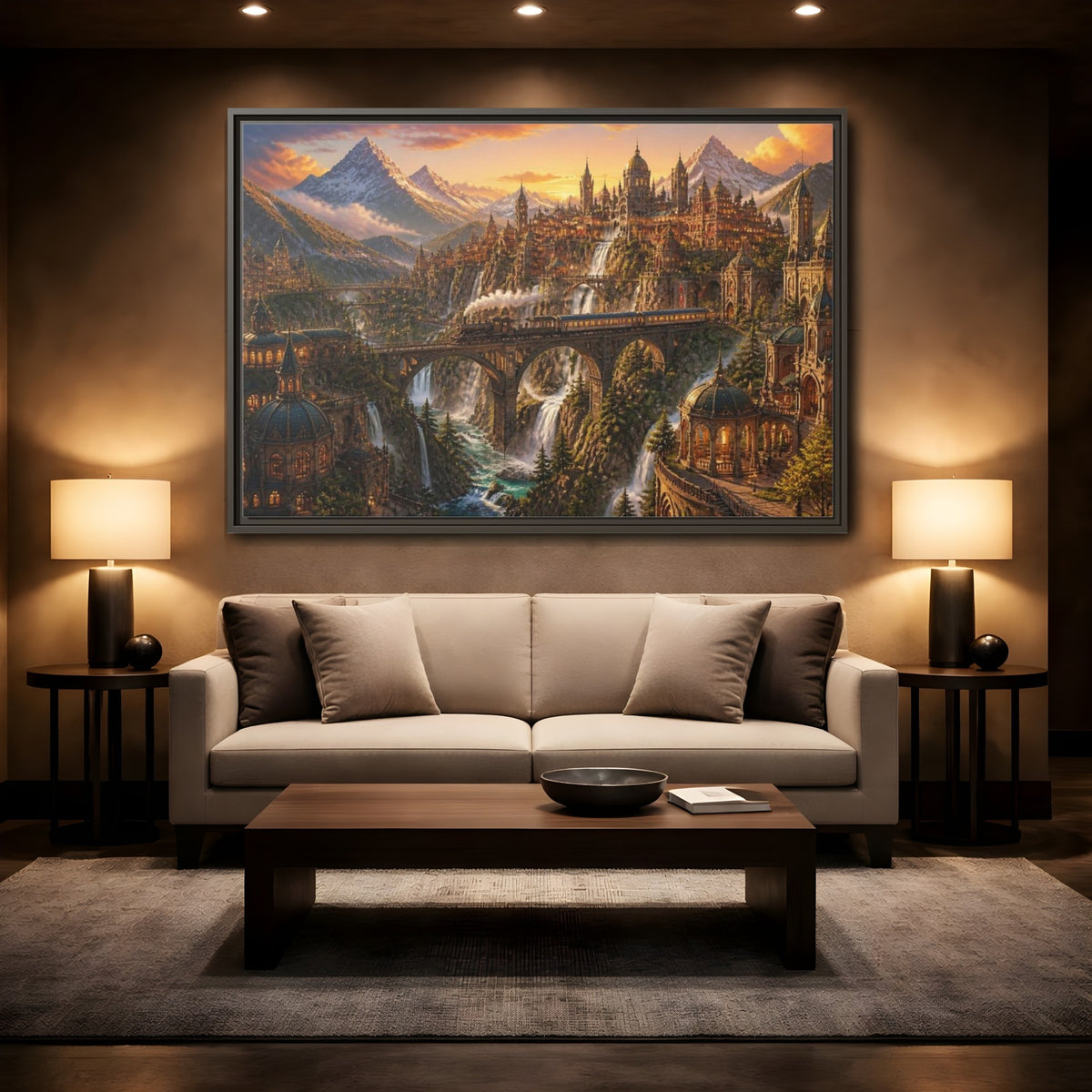 Mockup 2. Golden Mountain Landscape shown as framed canvas print