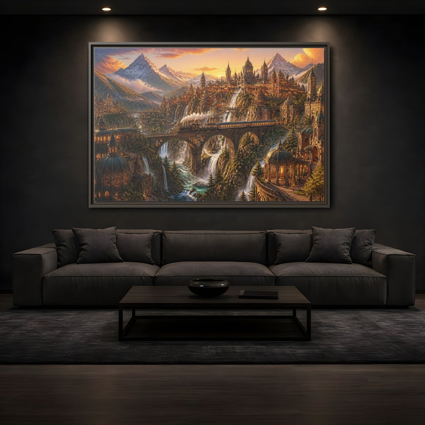 Mockup 3. Golden Mountain Landscape shown as framed canvas print