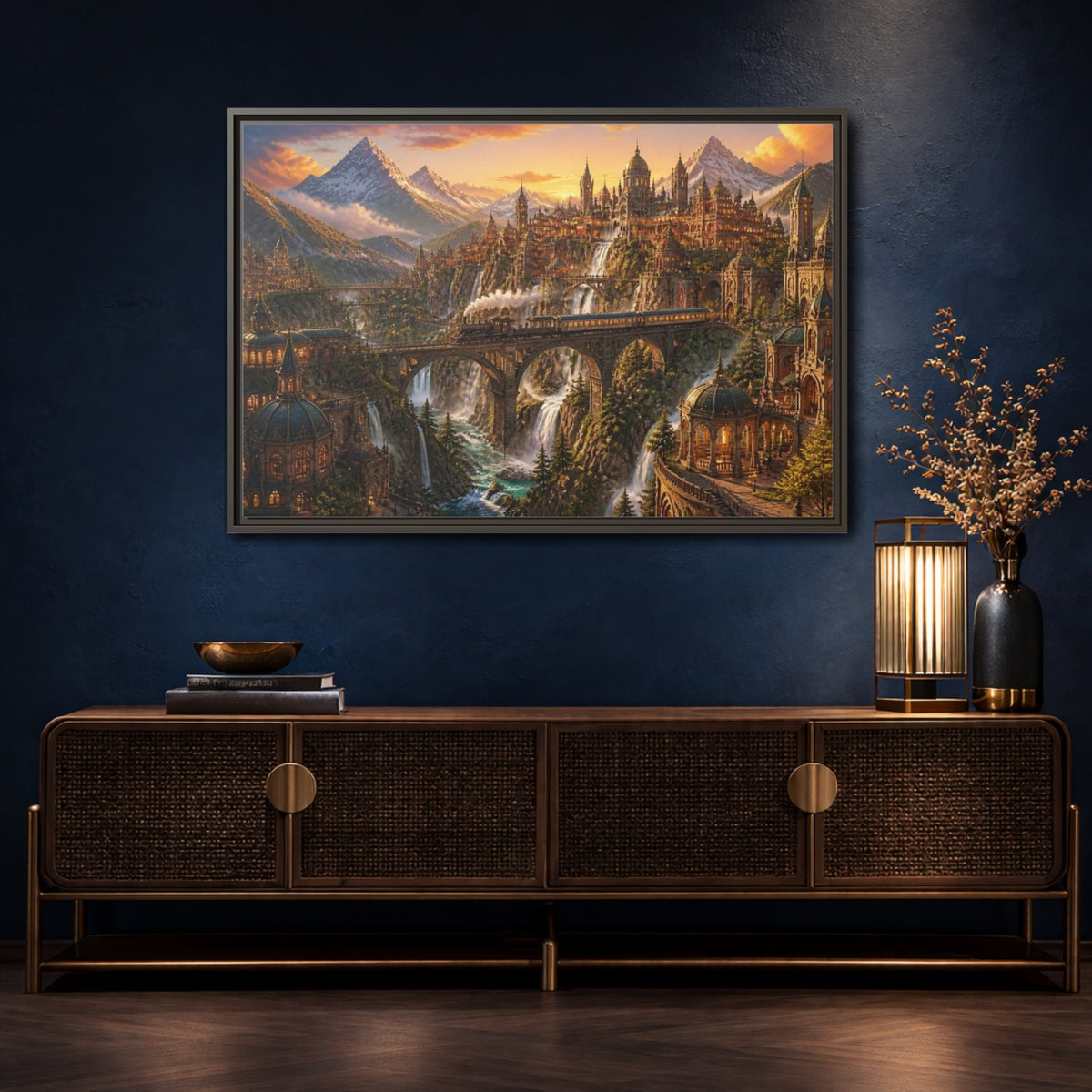 Mockup 4. Golden Mountain Landscape shown as framed canvas print