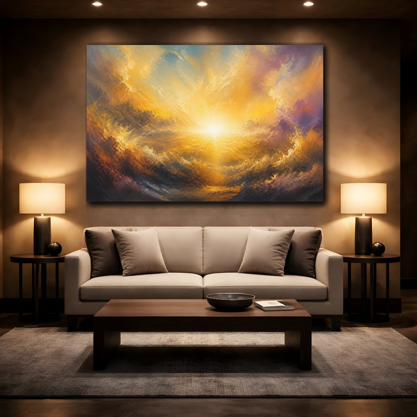 Mockup 2. Golden Ocean Sunrise shown as canvas print