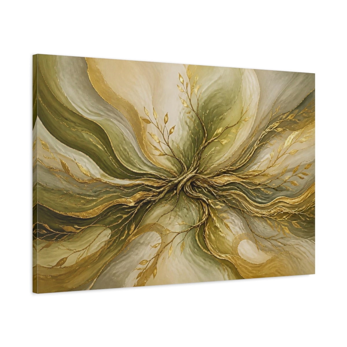 Main Mockup. Golden Olive Root Flow shown as canvas print