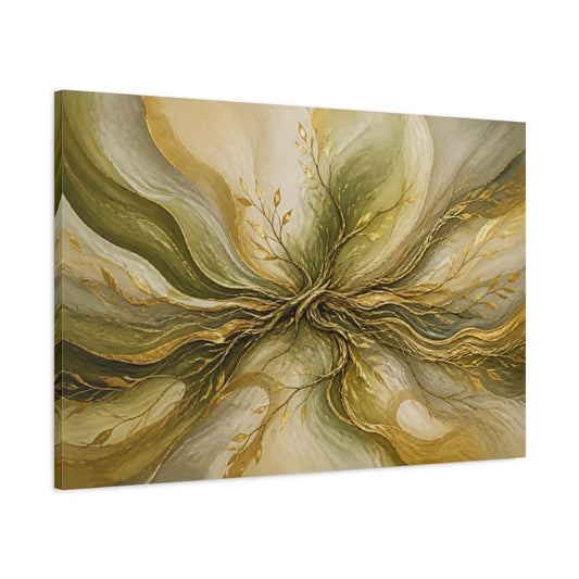 Main Mockup. Golden Olive Root Flow shown as canvas print