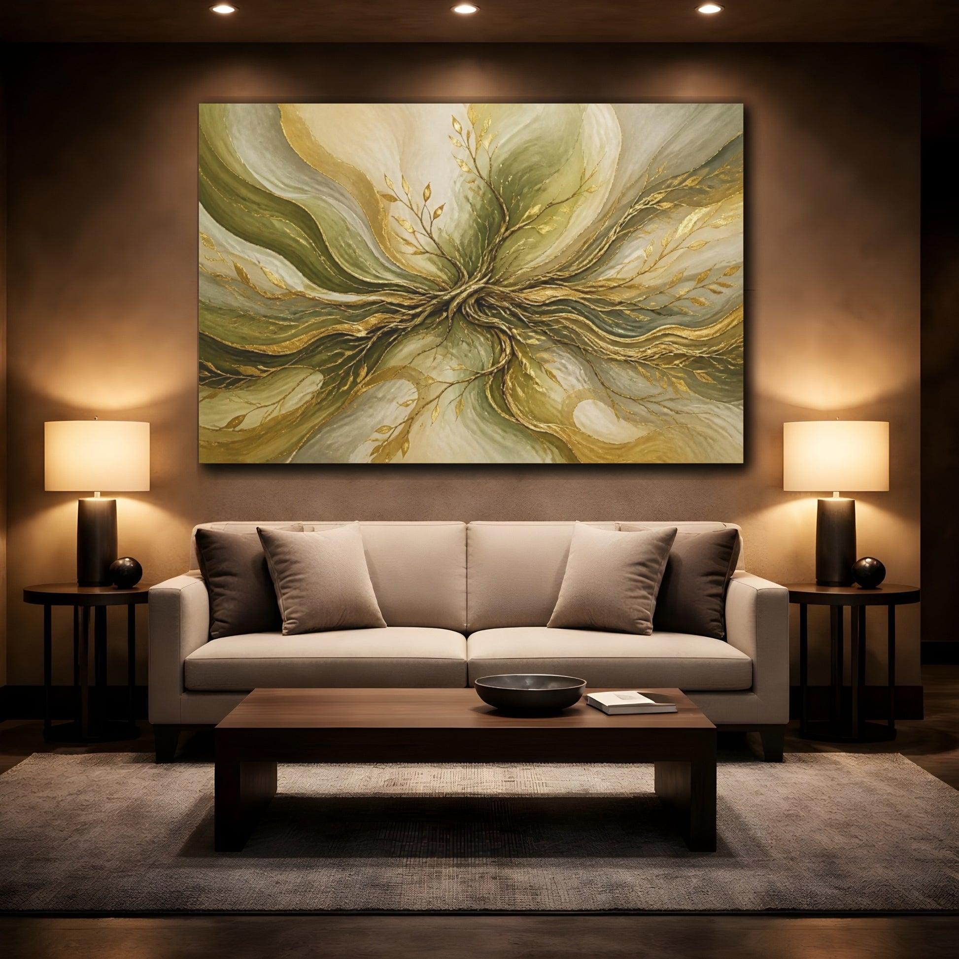 Mockup 2. Golden Olive Root Flow shown as canvas print