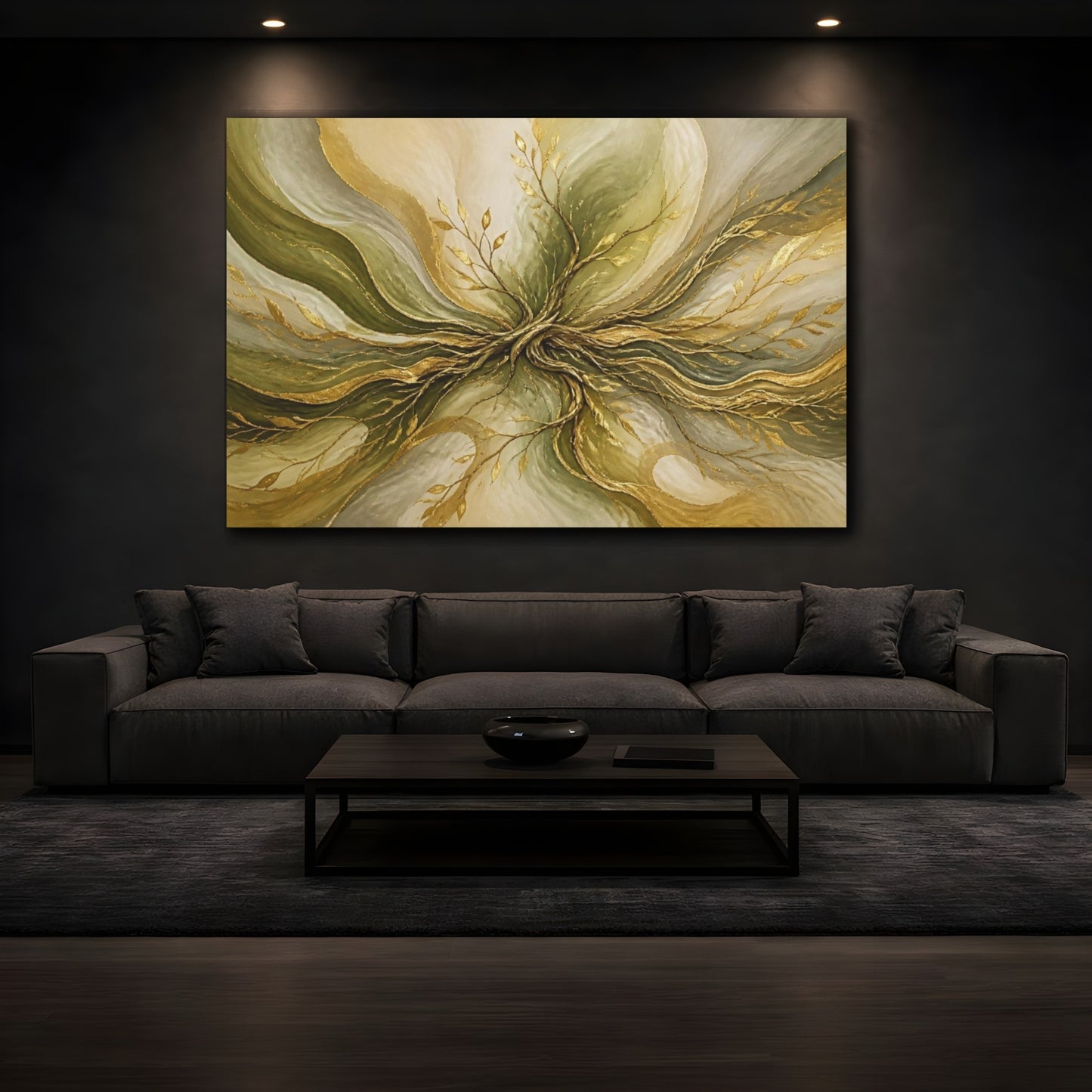 Mockup 3. Golden Olive Root Flow shown as canvas print