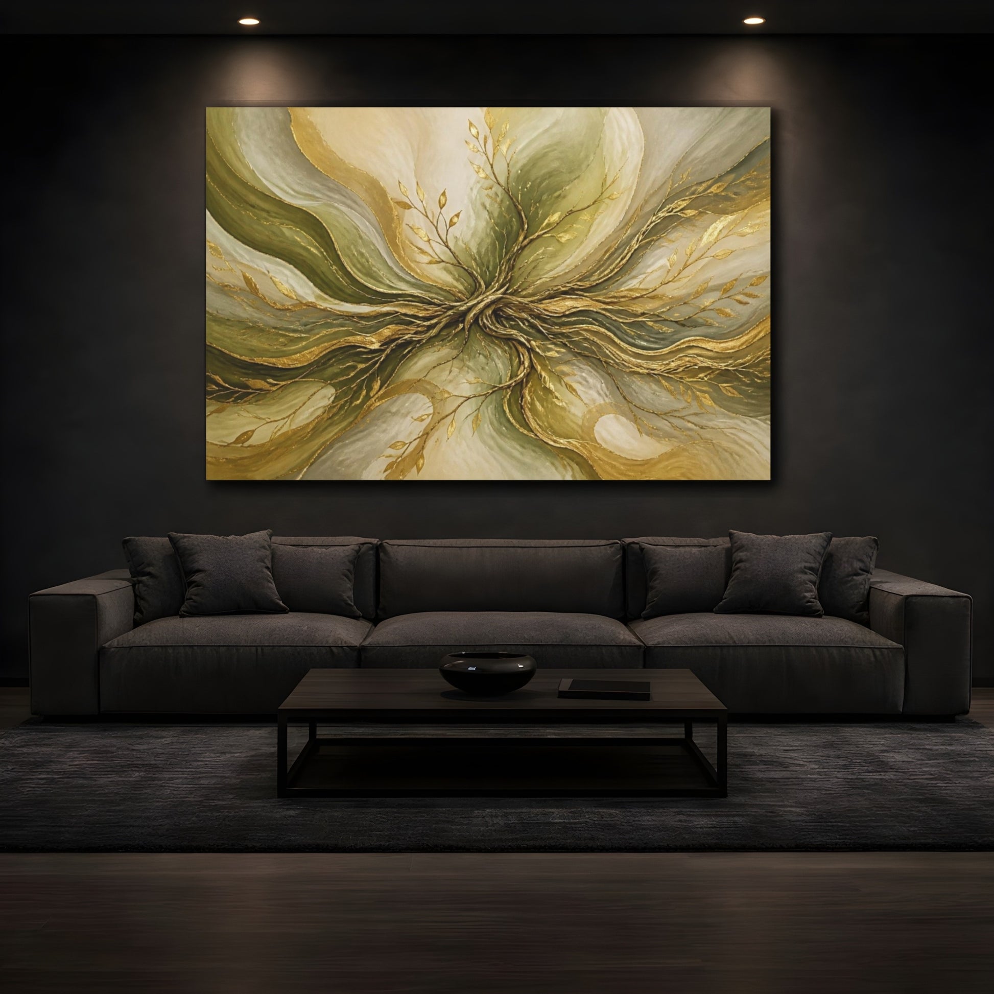 Mockup 3. Golden Olive Root Flow shown as canvas print