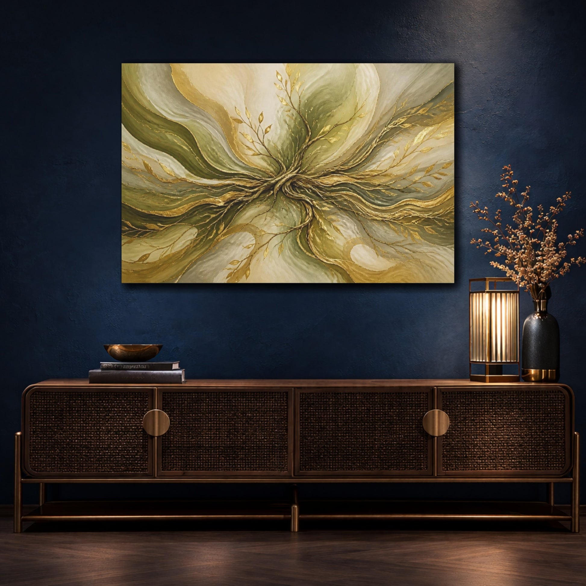 Mockup 4. Golden Olive Root Flow shown as canvas print