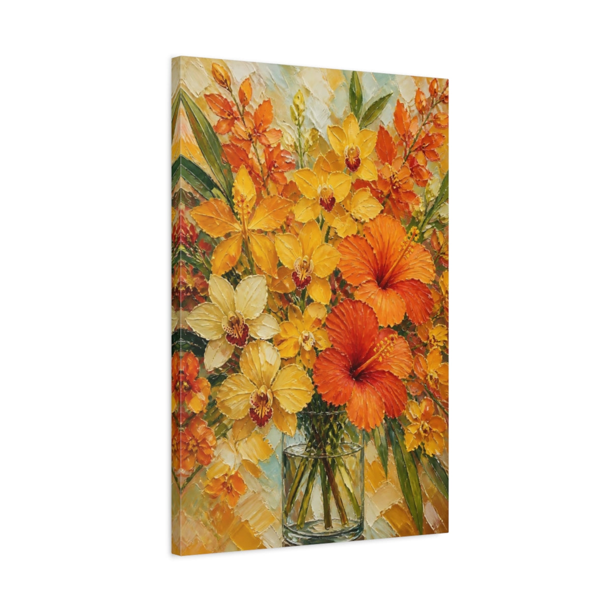 Side Mockup 2. Golden Orchids And Hibiscus shown as canvas print