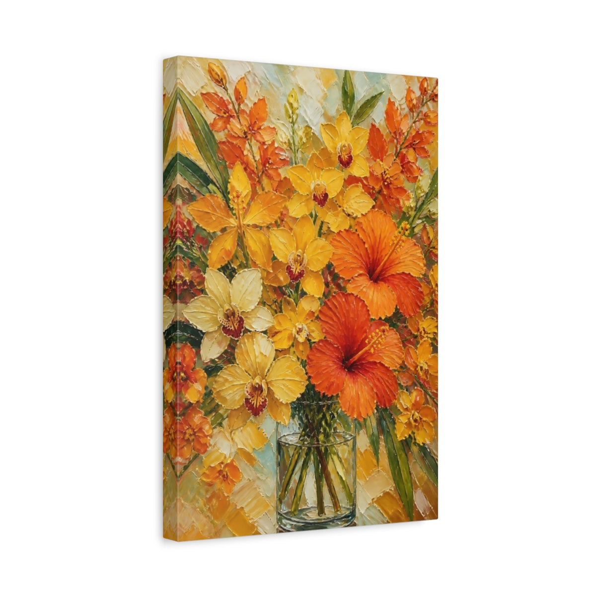 Side Mockup 4. Golden Orchids And Hibiscus shown as canvas print