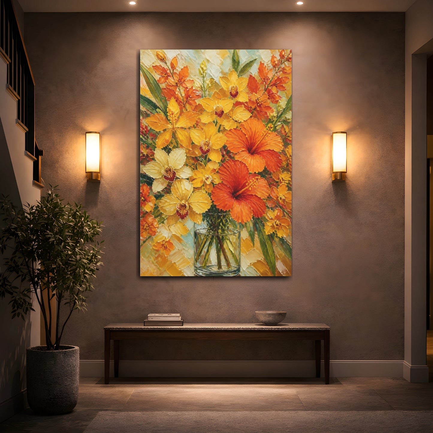 Mockup 2. Golden Orchids And Hibiscus shown as canvas print