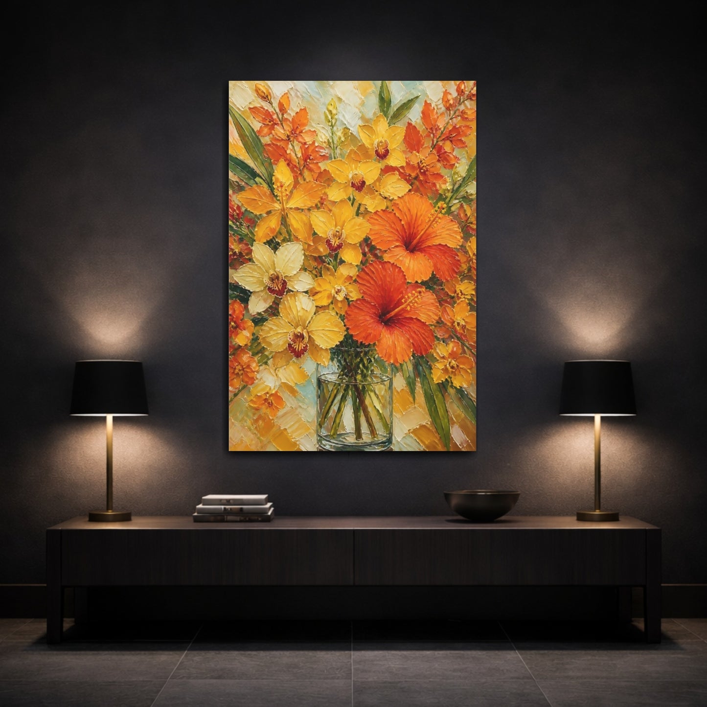 Mockup 3. Golden Orchids And Hibiscus shown as canvas print