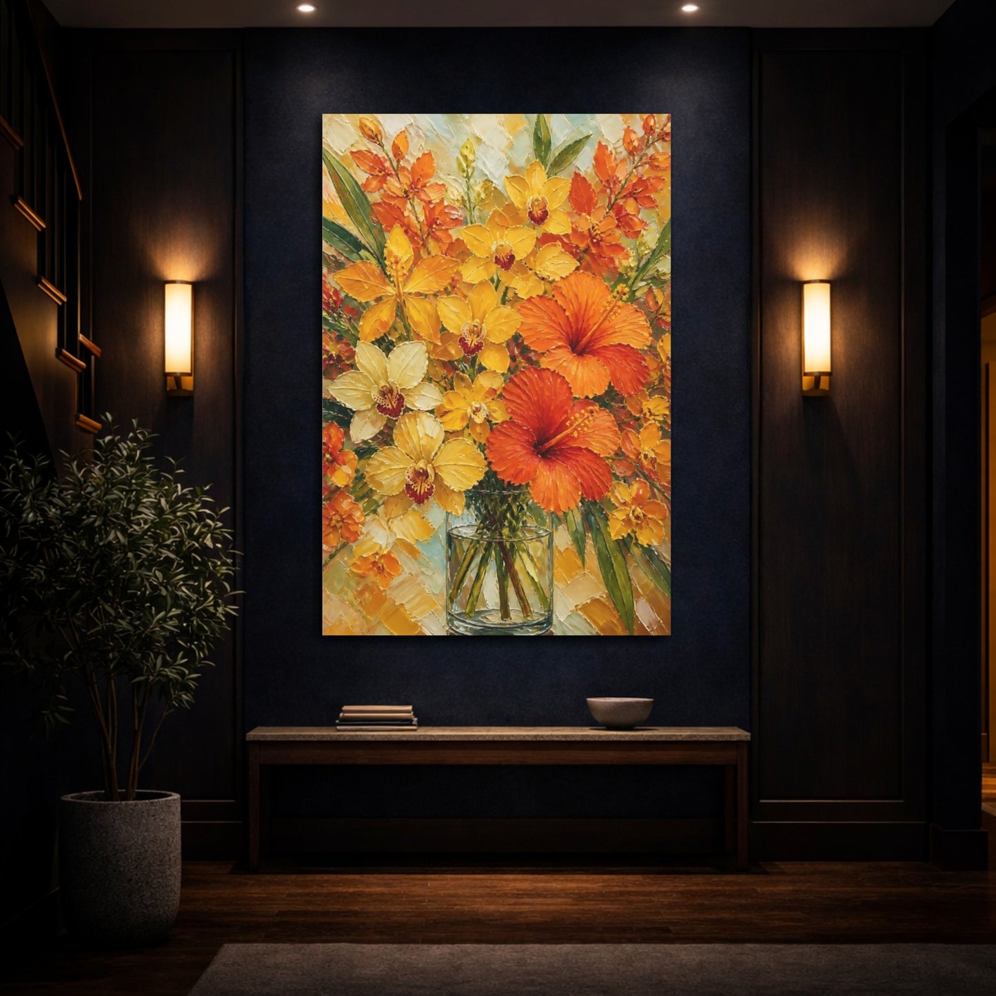 Mockup 4. Golden Orchids And Hibiscus shown as canvas print