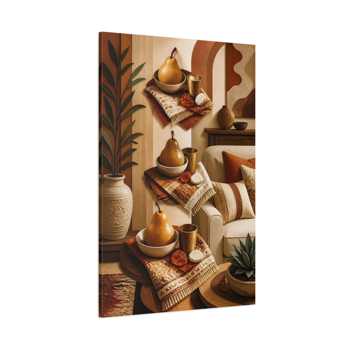Side Mockup 1. Golden Pear Still Life shown as canvas print