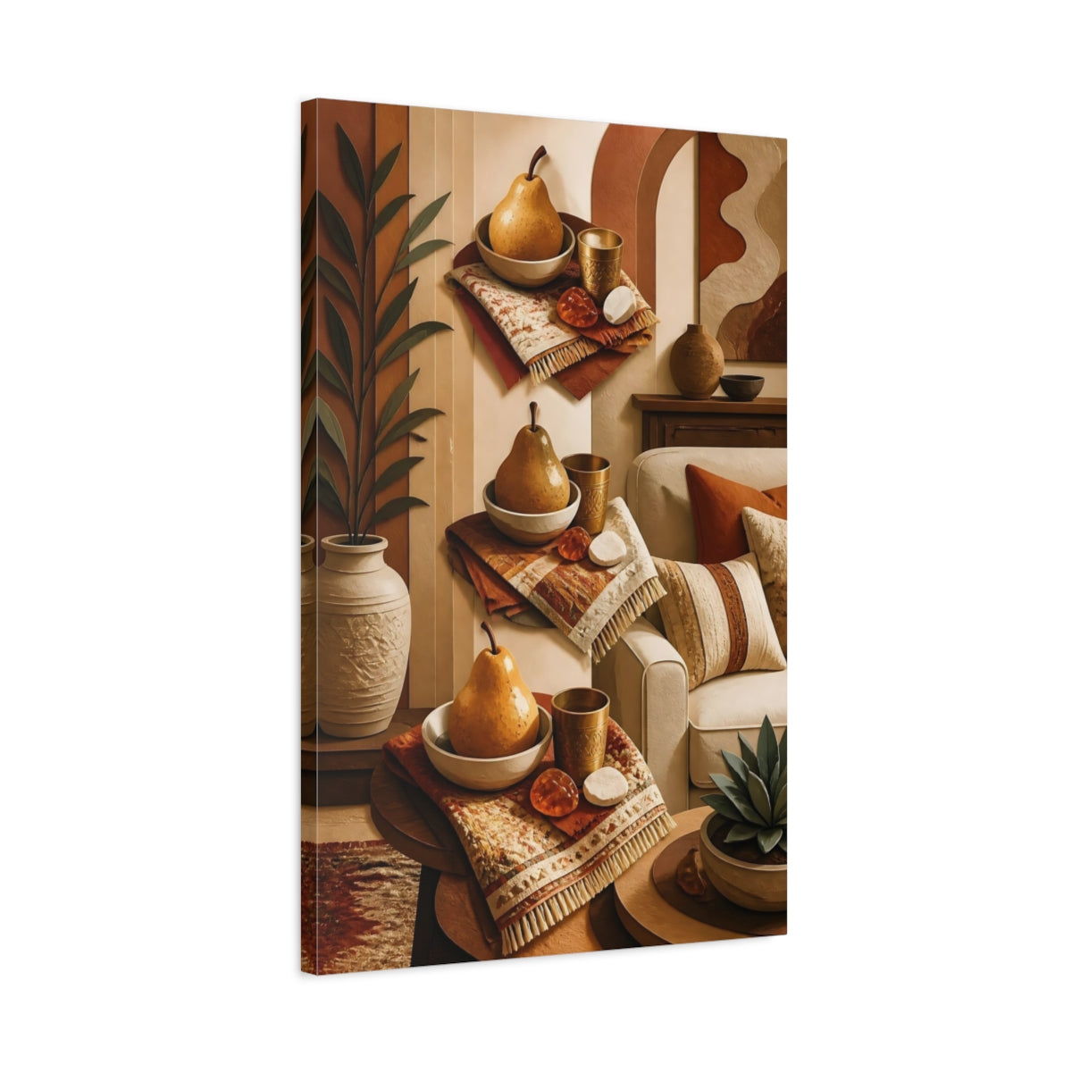 Side Mockup 2. Golden Pear Still Life shown as canvas print