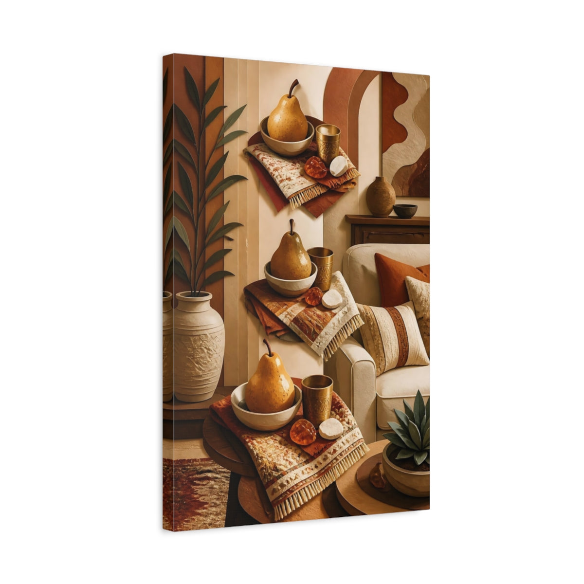 Side Mockup 3. Golden Pear Still Life shown as canvas print