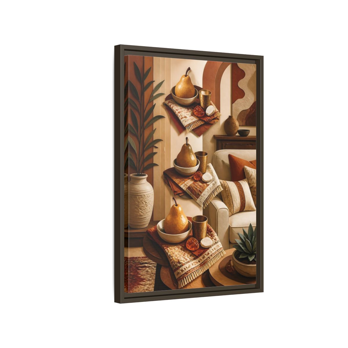 Side Mockup 2. Golden Pear Still Life shown as framed canvas print