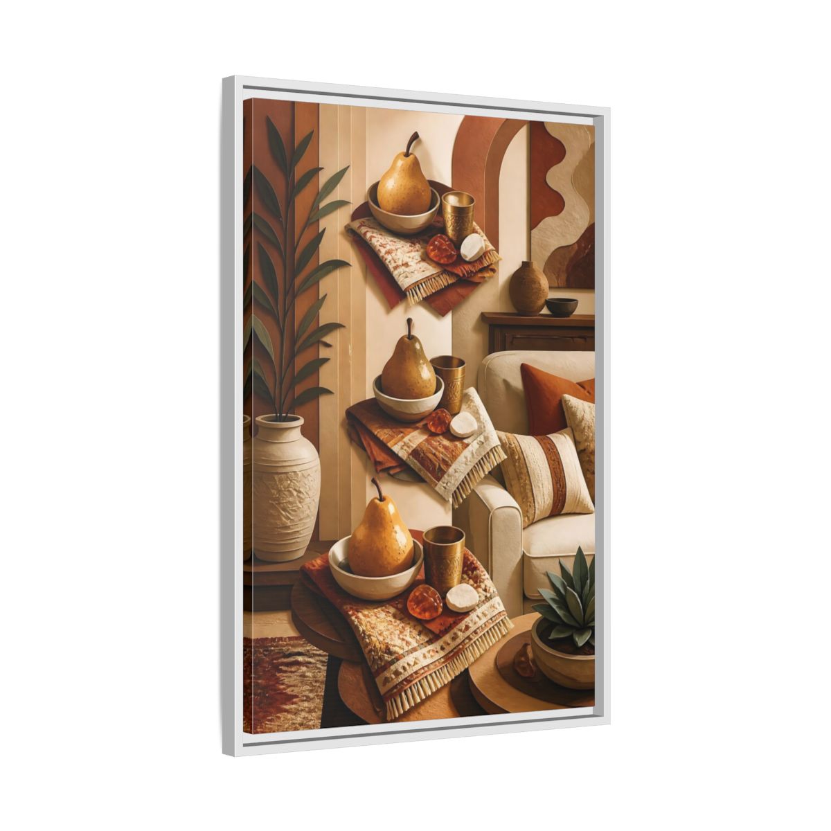Side Mockup 10. Golden Pear Still Life shown as framed canvas print